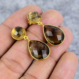 925เงินสเตอร์ลิงทำด้วยมือควอตซ์อัญมณีหยดลงต่างหูชุบทองรูปทรงลูกแพร์ดีไซน์แบบโบฮีเมียน - Product Image 1