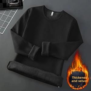 T-shirt à manches longues pour homme, doublé en polaire, sous-vêtement thermique, col rond, décontracté, chemise de base, 100% coton, vêtements d'automne et d'hiver - Product Image 4