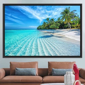 Printed <b>Canvas</b>: Tropical Beach Seascape Wall Art - Elegant Home Decor,BLACK <b>FRAMED</b> <b>CANVAS</b> - Product Image 1