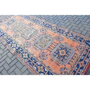 Grand tapis turc vintage 4,7x11,3 pieds, tapis persan bleu orange - Product Image 4