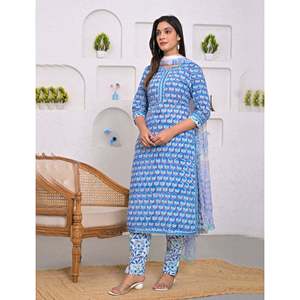 Blue Hand-Drawn <b>Block</b> <b>Printed</b> Cotton Kurta Pant Set with Dupatta Ethnic Indian Wedding and Party Wear Stitched - Product Image 3