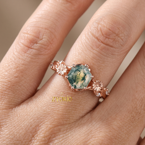 Anillo de compromiso floral de plata 925 con ágata musgosa hexagonal, inspirado en la naturaleza, con diseño de margarita y ramas. - Product Image 5