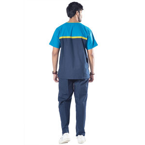 Ensemble de blouses médicales OEM personnalisées pour hommes, vert sarcelle, élégant, avec empiècements contrastants, col en V, manches courtes, respirant, détecteur d'aiguilles, pour hôpitaux - Product Image 3