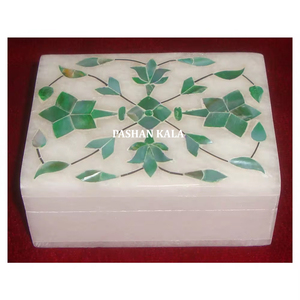 Fabricación y venta al por mayor, todo tipo de diseño, mármol blanco, forma Rectangular, incrustaciones de nácar verde, caja de almacenamiento de joyas - Product Image 1