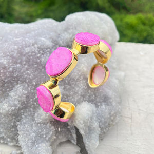 Natural <b>crystal</b> pink agate sugar druzy open cuff <b>bracelet</b> 18k gold plated chunky statement jewelry multi stone bangle <b>bracelet</b> - Product Image 5