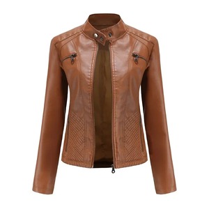 Chaqueta de cuero PU de motociclista clásico para mujer, abrigo básico ajustado con cremallera de piel sintética, ropa de abrigo de lona teñida lisa con relleno de algodón - Product Image 4