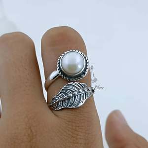 925 Sterling <b>Silver</b> <b>Adjustable</b> Leaf <b>Ring</b> Handmade Freshwater Pearl Unique June Birthstone Nature Inspired Jewelry Pearl <b>Rings</b> - Product Image 3