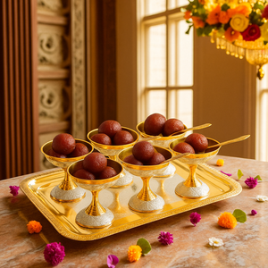 Juego de 6 Tazones para Helado Plateados y Pulidos en Oro, con Cucharas y Bandeja, para Ocasiones Festivas como Diwali - Product Image 5