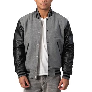 Blouson universitaire pour homme gris chiné en laine avec manches en cuir noir, fermeture éclair, patchwork, écologique, style urbain - Product Image 1