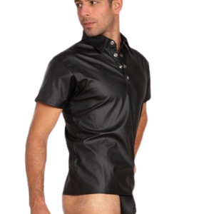 Leatherette Mens <b>Polo</b> <b>Top</b> <b>Black</b> Faux Leather Short Sleeve Stretch Fit Fetish Clubwear Shirt - Product Image 4
