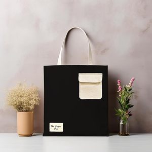 Black Cotton Tote <b>Bag</b> Pocket Canvas Eco-Friendly Reusable Recyclable Full Customized Zipper Closure Large (>50cm) Machine - Product Image 1