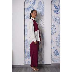 Ensemble 2 pièces en satin 100 % coton bicolore pour femme (chemise et pantalon) longueur genou, décoré de boutons, tenue d'été - Product Image 2