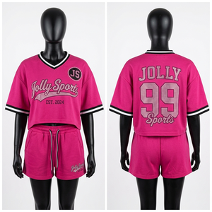 Women Baseball Jersey Crop Top Shorts <b>Set</b> 180 GSM Polyester <b>Knit</b> Pink Rhinestone Heat Transfer Custom Logo Women's <b>Sets</b> - Product Image 1