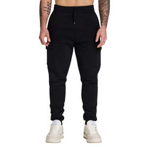 Pantalón de sudor de carga colectivo negro para hombre, ajuste cónico, cintura elástica, tela pesada, bolsillos con cremallera, sensación suave de cepillado - Product Image 5