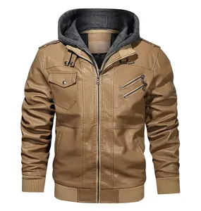 Blouson à capuche en cuir véritable pour homme, épais, à la mode, vente en gros - Product Image 3