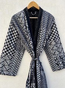 Kimono de algodón puro con cuello en V para mujer, diseño de Casa estampado a mano, manga larga para uso diario, primavera, verano y otoño - Product Image 4