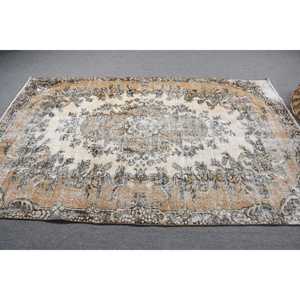 Vintage Turkish Large Rug 5.4x8.6 ft, <b>Brown</b> Gray Bordered <b>Wool</b> Rug - Product Image 4