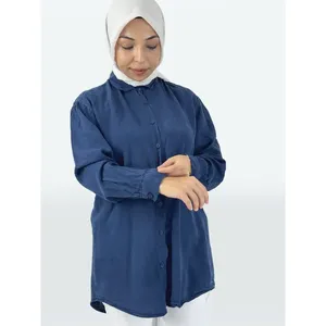 Camisa Hijab Larga con Botones para Mujer, de Tela Tencel, Bordada, Satén, Popelina, Chifón, Lisa, Holgada, Talla XL, para Oficina, Otoño, Primavera - Product Image 3