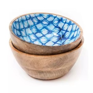 Ensemble de bols en émail imprimé, plateaux à fruits secs, bols ronds pour servir la salade, vaisselle, bols de service en bois - Product Image 5