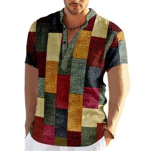 Camisetas de manga corta con cuello levantado para hombre, camisetas con estampado 3D de bloque de Color de retazos Vintage, camisetas para hombre, ropa para hombre - Product Image 2