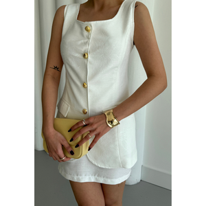 Conjunto de Chaleco y Falda Corta de Lino Jacquard para Mujer, Color Blanco - Product Image 6