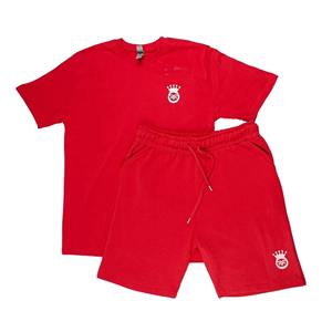 Venta al por mayor de tela de algodón para hombre verano diseño Simple conjunto corto cuello redondo Camiseta pantalones cortos cintura elástica cordón conjunto Casual - Product Image 4