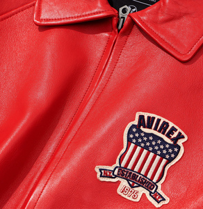 Veste en cuir léger rouge écologique Avirex Bomber en cuir PU pour hommes édition limitée fermeture à glissière de style vintage - Product Image 3