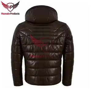 Blouson matelassé en cuir véritable marron pour homme, style motard, doublure en cuir de vachette, classique, chaud, pour l'hiver - Product Image 2