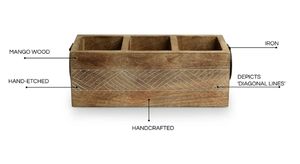 Waved Stationery & Cutlery Holder 3 Partitions Mango Wood Hand-Etched Wooden Utensil Caddy Countertop Cutlery Holder - Product Image 2