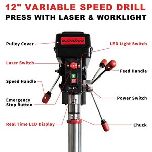 Taladro de Banco de 12'' con Motor de 6 Polos, Velocidad Variable de 3/4HP, Potente, 360-2000 RPM, con Luz Láser para Trabajos Láser - Product Image 4