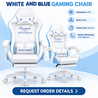 Fauteuil de jeu moderne blanc et bleu en PVC avec repose-pieds, accoudoirs intégrés, coussins et fonction inclinable pour bureaux à domicile, salles d'étude et salles de jeu