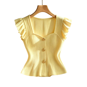 Women's Ribbed Knit Crop <b>Top</b> Ruffle <b>Sleeve</b> Button Front Fitted Waist Square Collar Casual Regular Fit Summer Blouse 100% Cotton - Product Image 1