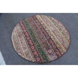 Classic Beige Striped Vintage Turkish Wool <b>Rug</b> 5.3 X 5.3 ft Handmade Rectangular Hallway Patchwork Design for Living <b>Bedroom</b> - Product Image 3
