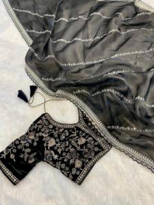 Indian Boutique Party Wear Diseñador Crystal Silk Black Sari Étnico Elegante Blusa Exclusiva Última Boda Festival Wear Para Mujeres - Product Image 3