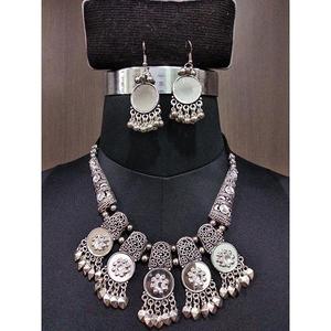 Jeweljunk Vintage Style Rhodium Plated Glass Navratri <b>Necklace</b> <b>Set</b> with <b>Pearl</b> & Diamond for Wedding or Party-1112830 - Product Image 1