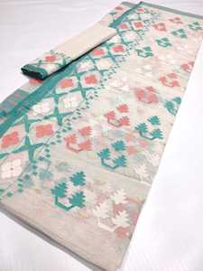 Exclusif Deshi Dhakai Jamdani Orange Sharee Qualité d'exportation pour les femmes JAMDANI FABRIC Bleu ROUGE VERT Doré du Bangladesh - Product Image 6