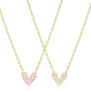 Collier en argent sterling 925 fait main avec pendentif cœur émaillé rose double face et zircone cubique, vente en gros turque - Product Image 3