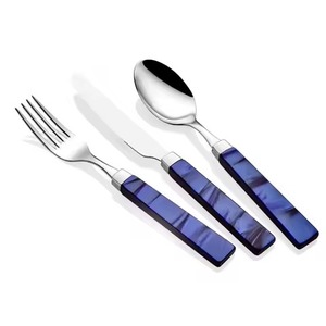 Mirrored Steel Metal Food Safe Flatware Set With Blue Enamel Handle <strong>2</strong> Spoon <strong>1</strong> Fork and <strong>1</strong> Knife Gold <strong>Cutlery</strong> Set <strong>in</strong> Acrylic - Product Image 5