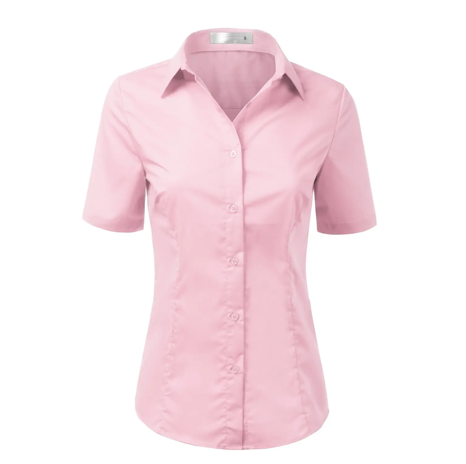 プレーンピンクカラー半袖コットンドレスシャツ良質作業服女性コットンボタンアップフォーマルドレスシャツ