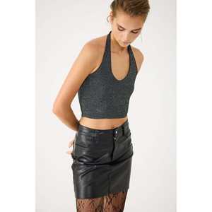 Women's Casual Long Silk <b>Top</b> <b>Glittery</b> Halter Neck Shiny Asymmetrical Collar Hand Embroidered Logo Size XL Shiny Short <b>Top</b> Lace - Product Image 1