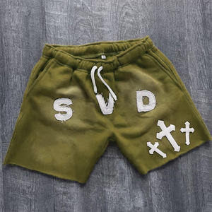 กางเกงขาสั้นกันเหงื่อผ้าฝรั่งเศสสำหรับผู้ชายกางเกงขาสั้นกันเหงื่อผ้าเกล็ดปลาแบบสตรีทแวร์ฟอกสีซีดซีดแสงแดดดีไซน์วินเทจฟิตเนส - Product Image 4