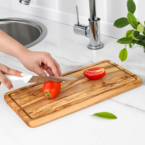 Grand bloc à découper en bois rectangulaire écologique avec logo personnalisable avec poignée d'ustensiles de cuisine durable et rainure à jus - Product Image 1