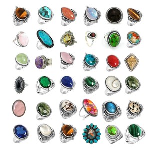 925 Sterling Silver Mix Natural Gemstone <b>Ring</b> Hippie Handmade Jewelry Bulk Vintage Design Oval Round Pear square Stone Cabochon - Product Image 2