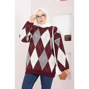 เสื้อสเวตเตอร์ไหมพรมลายบาคลาวาแบบลำลองสำหรับฤดูใบไม้ร่วง สีเบอร์กันดี ทรงโอเวอร์ไซส์ - Product Image 2