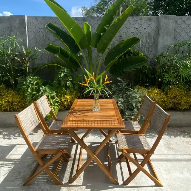 Set Makan Kayu Campuran Rotan Promosi-Furnitur Teras Modern