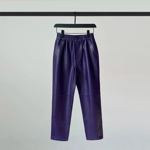 Pantalon fendu taille élastique rétro pantalon en cuir de mouton véritable femme était mince pantalon en cuir véritable avec poches - Product Image 4