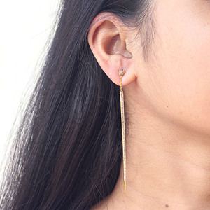 Dernière conception solide 18k or jaune fournisseur de bijoux fins diamant pavé naturel long bâton boucles d'oreilles cadeau pour bien-aimé - Product Image 2