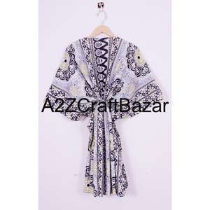 Eco Friendly Cotton Short <b>Kaftan</b> <b>For</b> <b>Women</b> Floral Block Print Beach Dress Summer Resort Wear Loose Casual Breathable Clothing - Product Image 6