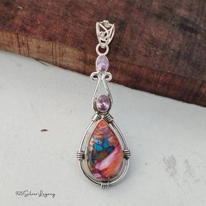 Pendentif en cuivre rose et turquoise avec collier en argent sterling et quartz rose, pendentif en pierre précieuse fait à la main, cadeau pour femme - Product Image 5