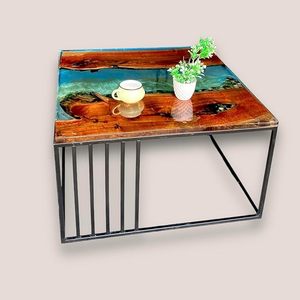 Nueva Mesa de Comedor Cuadrada de Resina Hecha a Mano, Moderna y de Lujo, con Base de Madera de Acacia Sólida, Personalizable, con Elegante Diseño de Río, Decoración Artística - Product Image 4